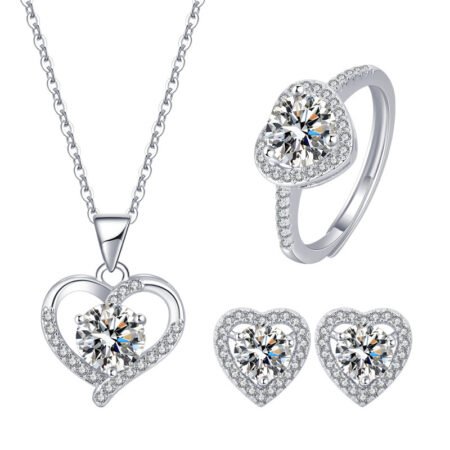3-Piece Heart Jewelry Set - Silver Necklace, Earrings & Ring for Women